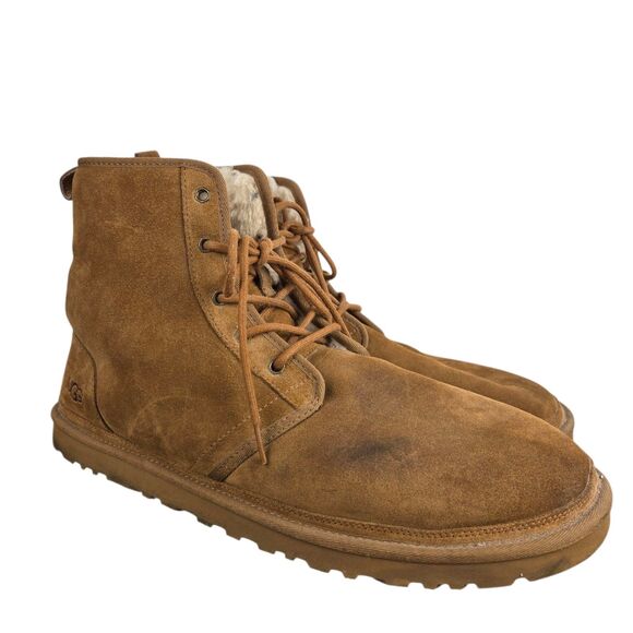 UGG Harkley 1016472 Men's Boots Suede Fur Chestnut Brown Lace Up Sz 17 - Picture 2 of 11